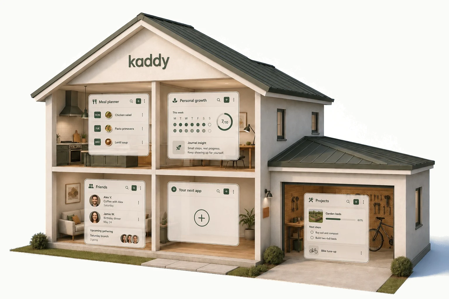 Kaddy as a two-story home: Meal planner, Personal growth, Friends and a space for your next app share a consistent interface, with Projects in an attached garage.